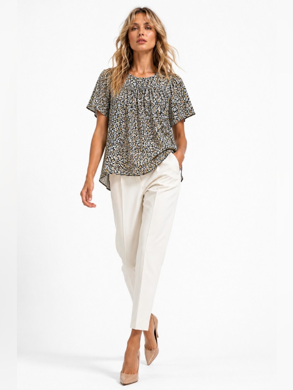 J.Crew Floral Metallic Accent Blouse Size 2 Navy White Short Sleeve